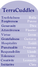 TerraCuddles.  Truthfulness.  Forgiveness.  Generosity.  Attentiveness.  Virtue.  Gratefulness.  Hospitality.  Punctuality.  Responsibility.  Tolerance.  Creativity.  Initiative.
